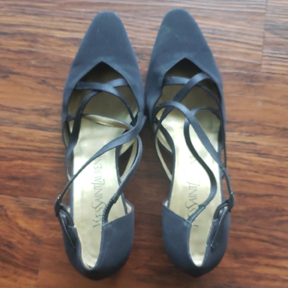 Vintage Yves Saint Laurent Black Strappy Block Heels Size 7 Chic Feminine Design - Picture 2 of 8